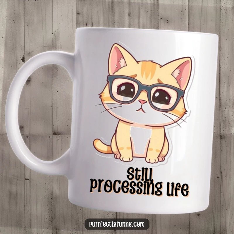 Funny cat wearing oversized glasses, looking comically confused and lost on a mug, relatable humor.