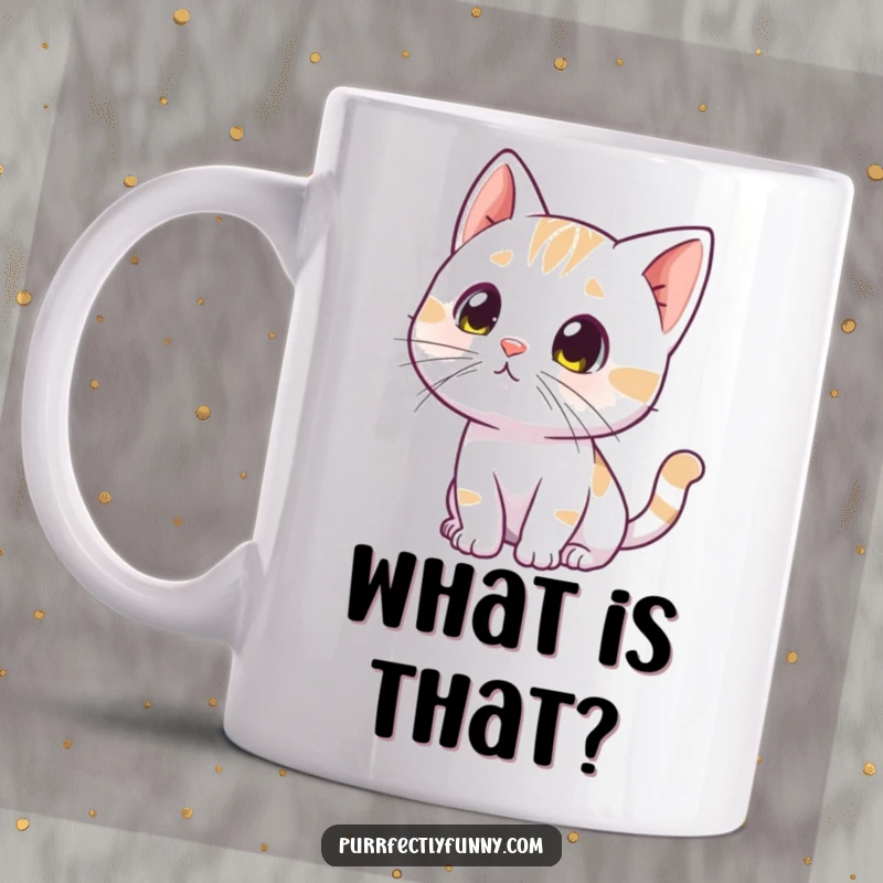 Funny curious cat mug, depicting a feline tilting its head with twitching whiskers, investigating something unseen.