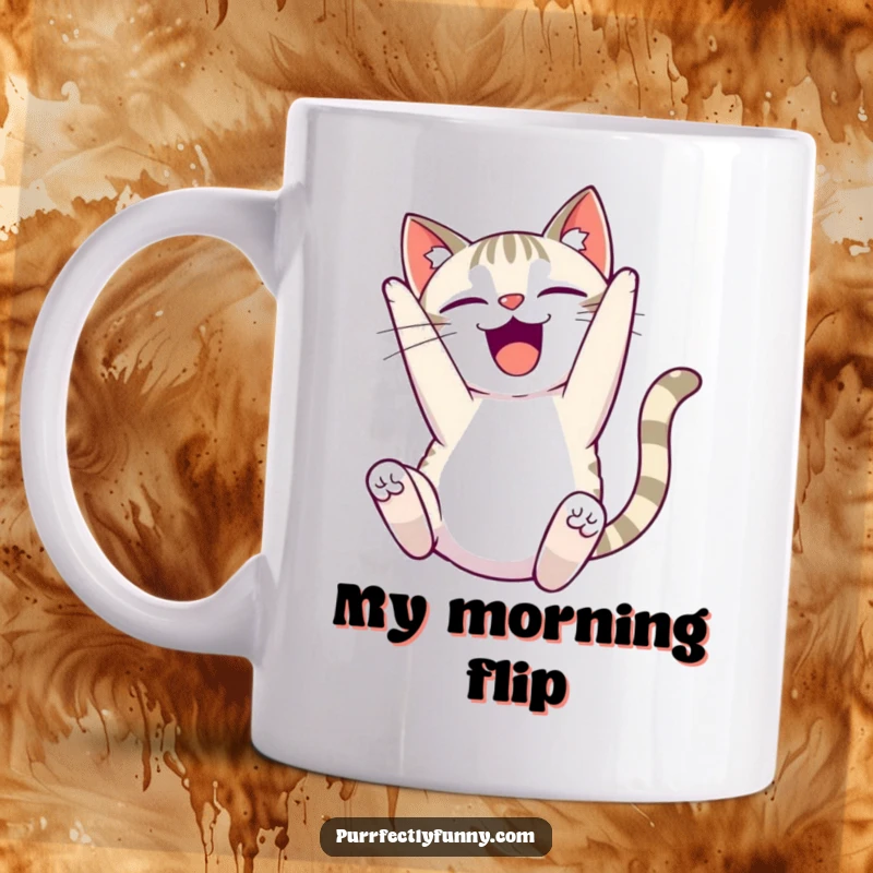 Funny delighted cat somersault mug, showcasing a cat performing a joyful acrobatic flip with pure bliss.