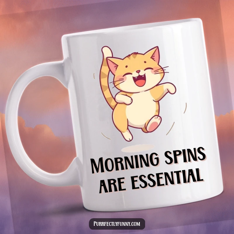 Funny cat mug, cat chasing its tail in a dizzy loop, joyful and humorous illustration, perfect gift for playful people.