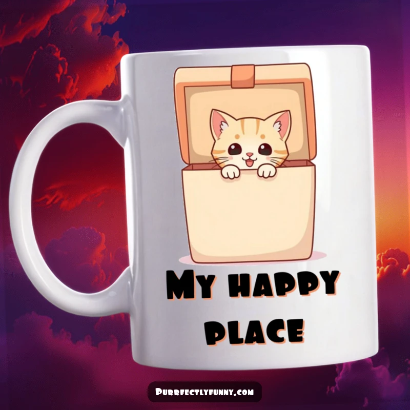 Funny Mug shows an excited cat peeking out of a giant, open gift box, ready for a surprise, perfect for cat lovers.