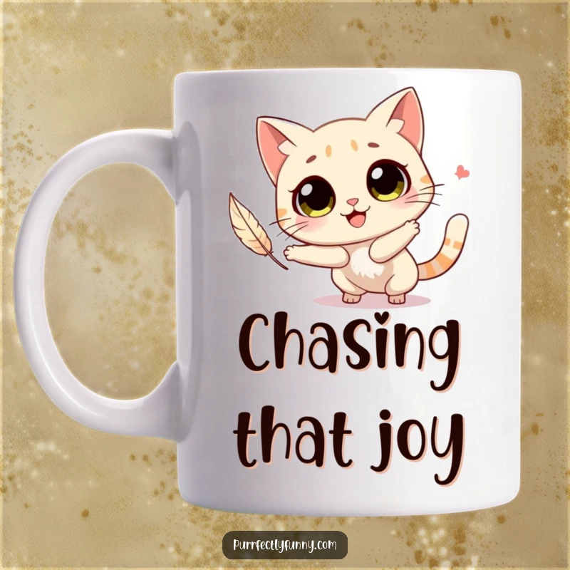 Funny cat with big, round eyes joyfully chasing a floating feather on a coffee mug.