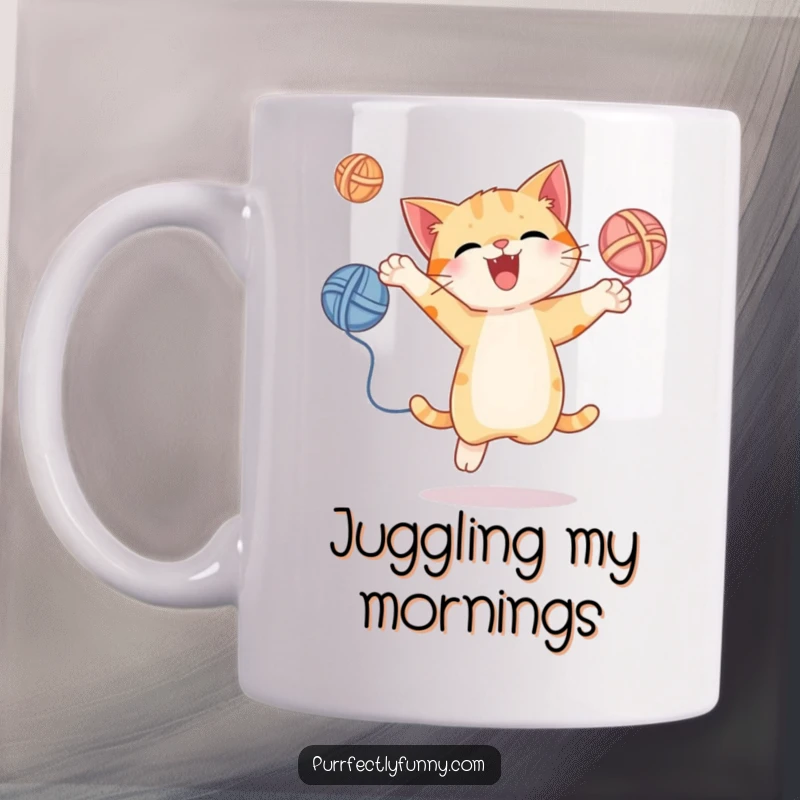 Funny mug featuring a cat joyfully leaping while juggling three yarn balls, full of energetic feline fun, a perfect gift.