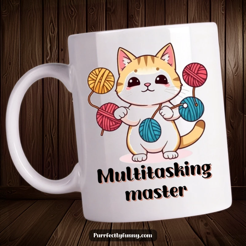 Funny mug with a cat expertly juggling three yarn balls using its paws and tail, showcasing impressive feline coordination.