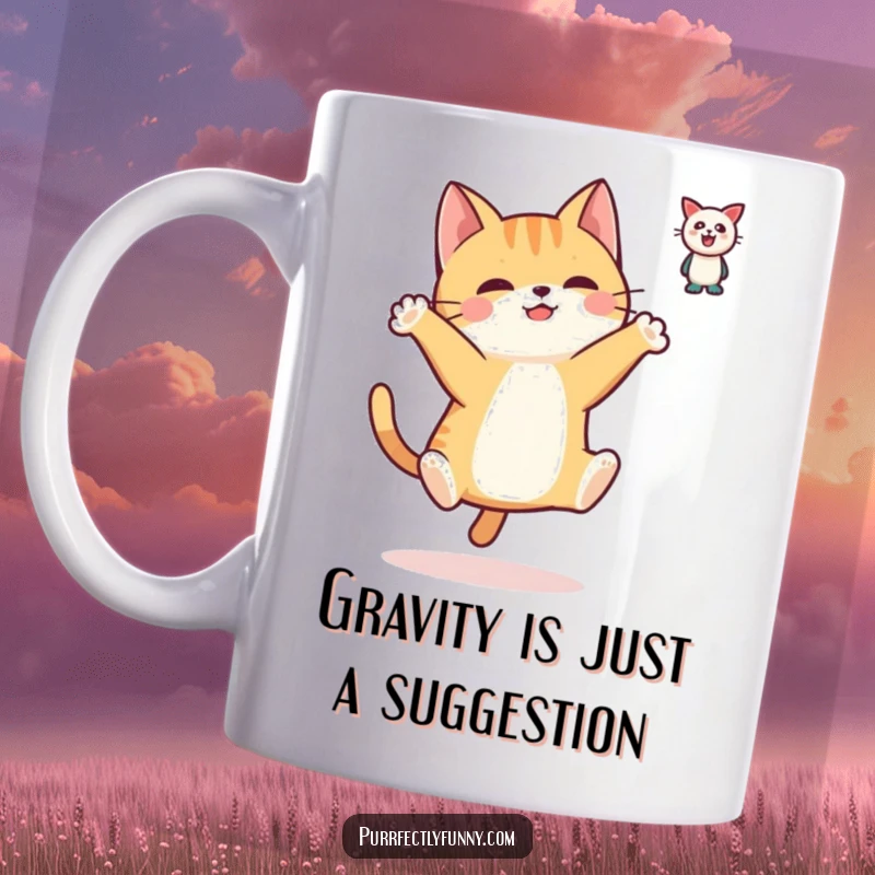 Funny mug with a simplified cat character leaping enthusiastically with paws outstretched towards a floating toy, capturing pure feline excitement.