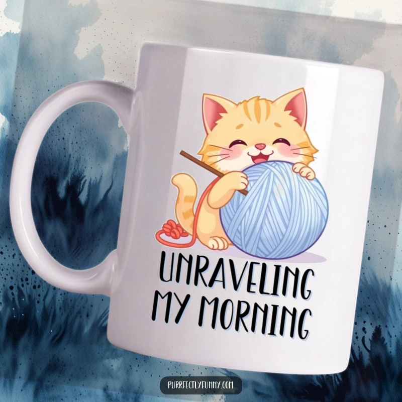 Funny Cat Mug: A cat gleefully batting a huge, smiling ball of yarn, looking utterly delighted and energetic.