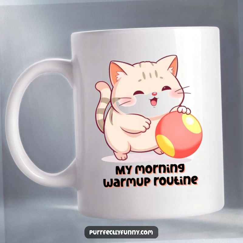 Funny mug showcasing a plump cat with determined eyes, mid-leap, reaching for a vibrant, bouncing ball, embodying playful joy.