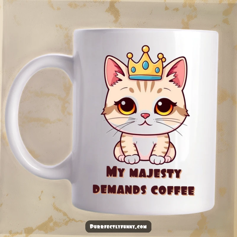 Funny cat mug, regal feline wearing a tiny crown, comically proud expression, hilarious gift for cat lovers.