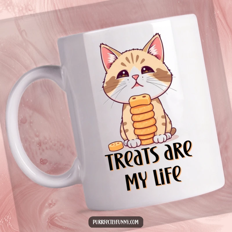 Funny mug featuring a determined cat precariously balancing a tall stack of treats on the tip of its nose.
