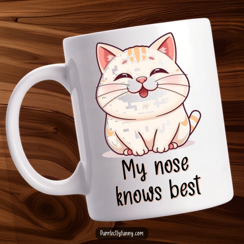 Funny Wobbly Whisker Cat Mug featuring a plump, cheerful cat character wiggling its nose and displaying a comically long whisker.