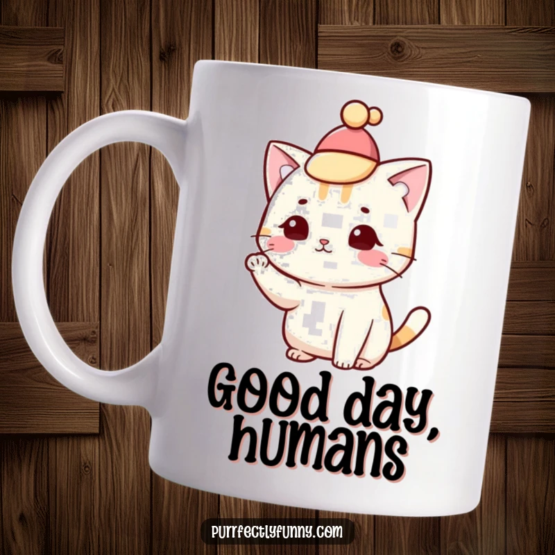 Funny cat wearing a tiny hat, tipping it with a paw flourish on a mug, conveying charm and politeness.