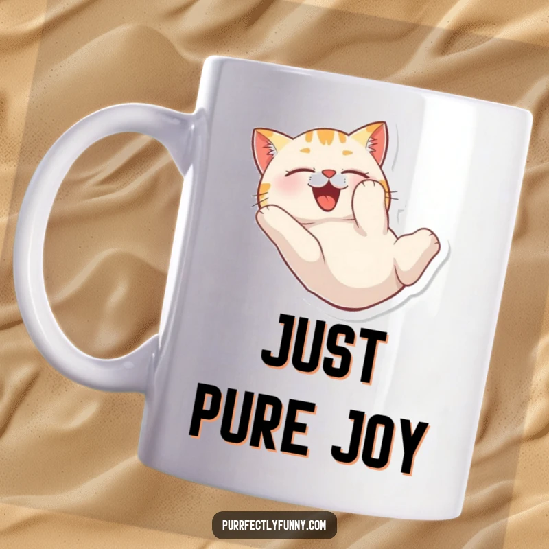 Funny mug showing a cat hilariously tumbling head over heels with an expression of absolute delight.