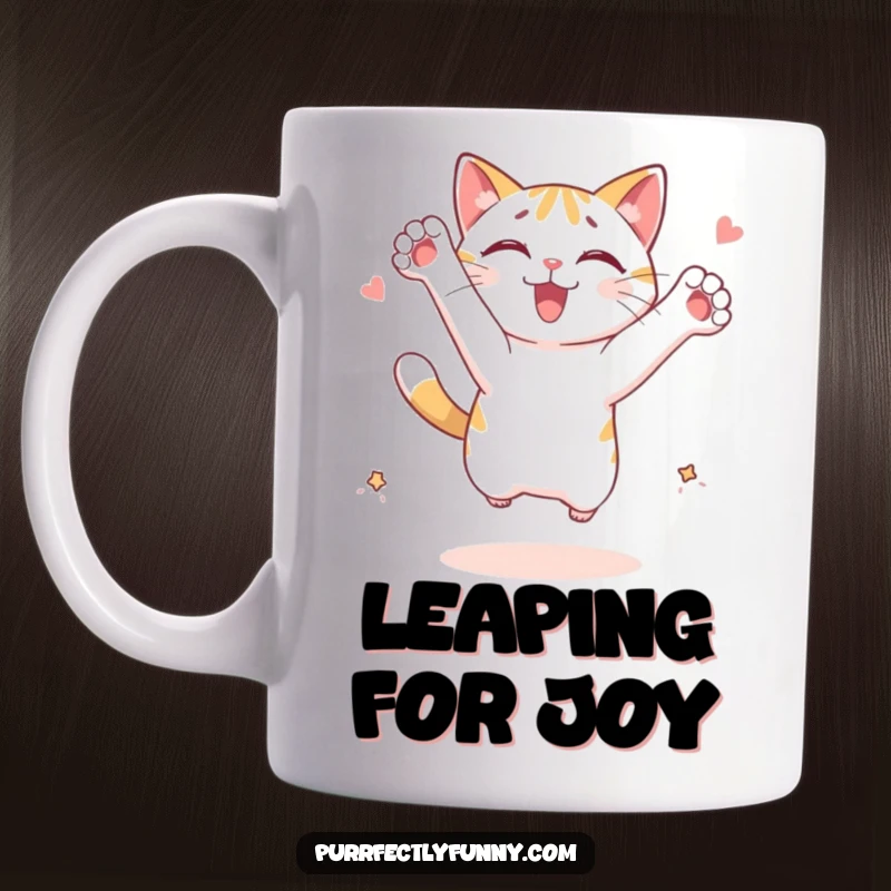 Funny cat mug: a cat character enthusiastically leaping with paws outstretched towards an imagined treat, full of excitement.