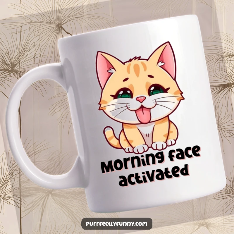 Funny cat character making a silly face with its tongue sticking out, printed on a humorous mug.