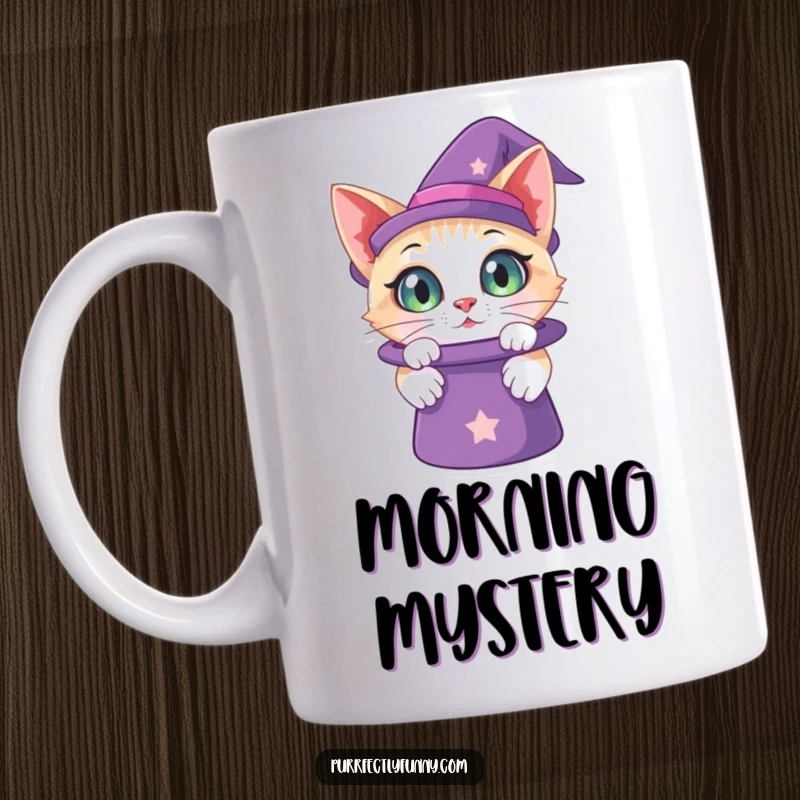 Funny mug illustration of a cat with large, curious eyes peering intently into a mysterious magic hat, filled with wonder and anticipation.