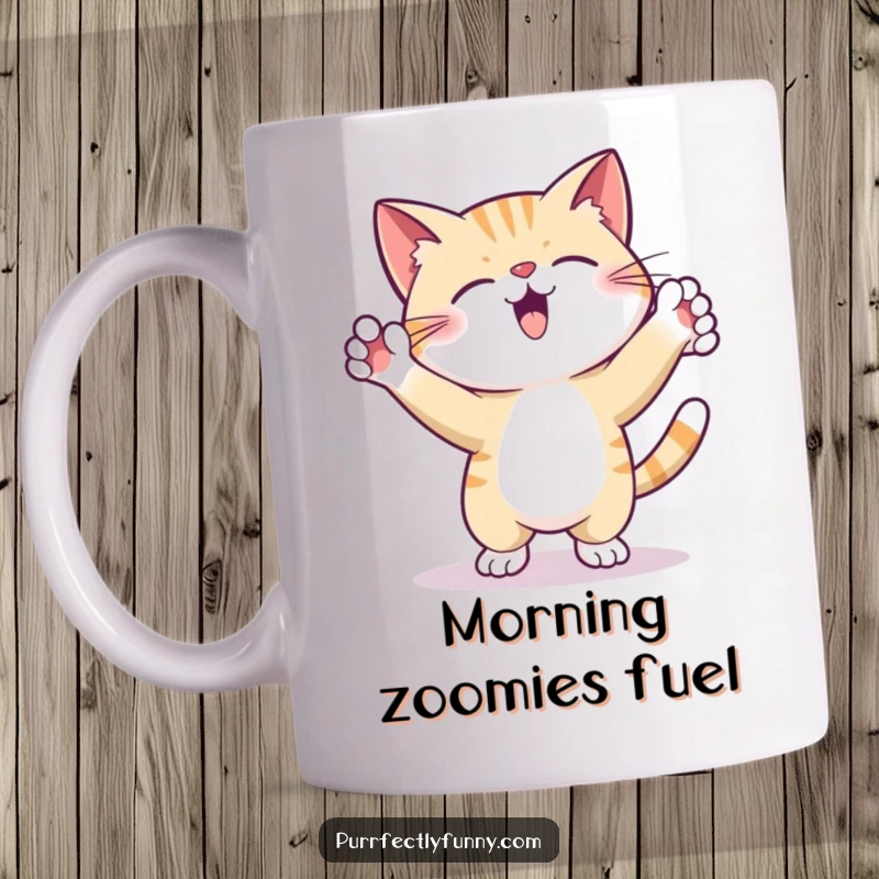 Funny Mug shows a cat joyfully dancing with its paws high in the air, capturing a moment of pure, silly feline celebration.