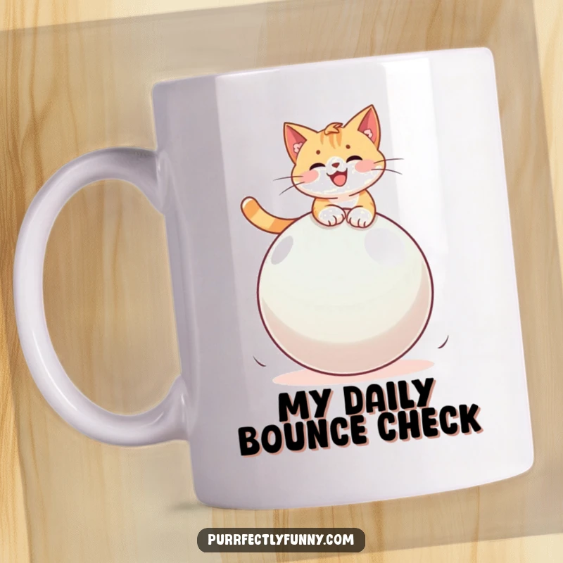 Funny cat riding a large, wobbly green bouncy ball with pure joy and concentration, a hilarious scene for any mug.
