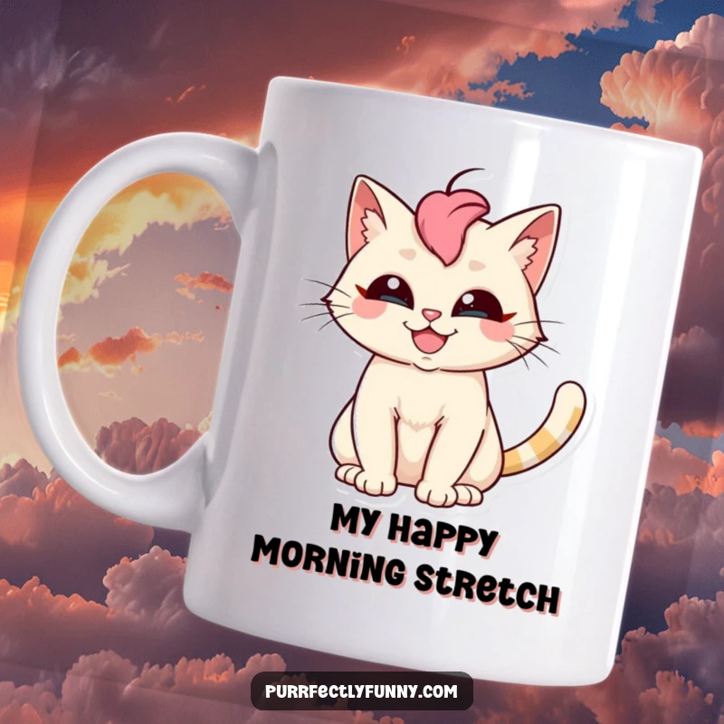 Funny cat mug featuring a grinning feline with an exaggerated, fanned-out tail, radiating pure, silly joy.