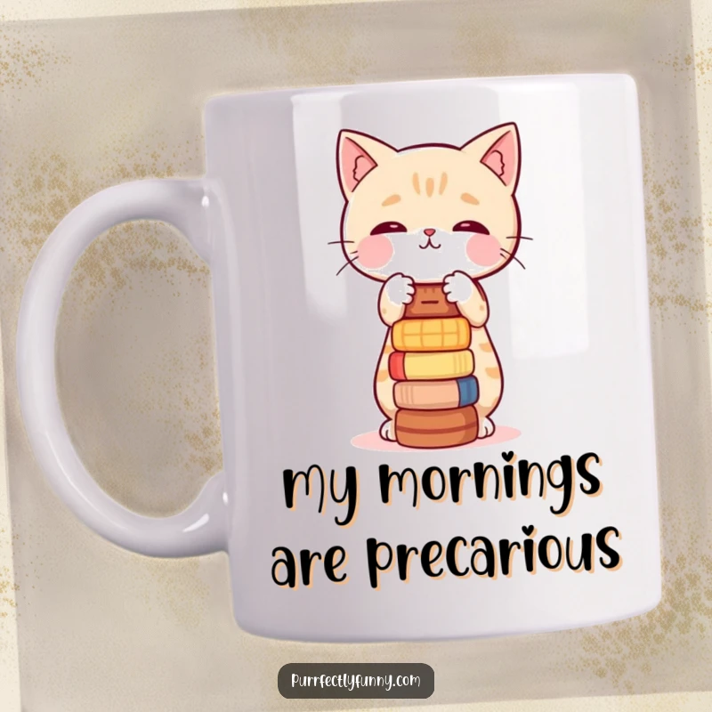 Funny mug depicting a cat struggling to balance a tall, wobbly stack of items.
