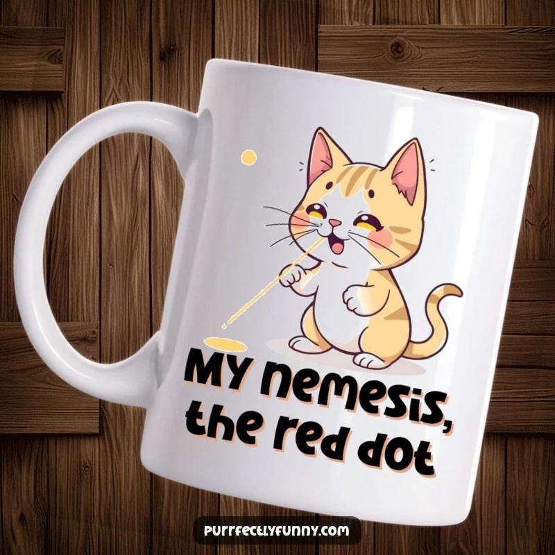 Funny cat mug, a cartoon cat chasing a red laser dot that's just out of reach, looking supremely frustrated and determined.