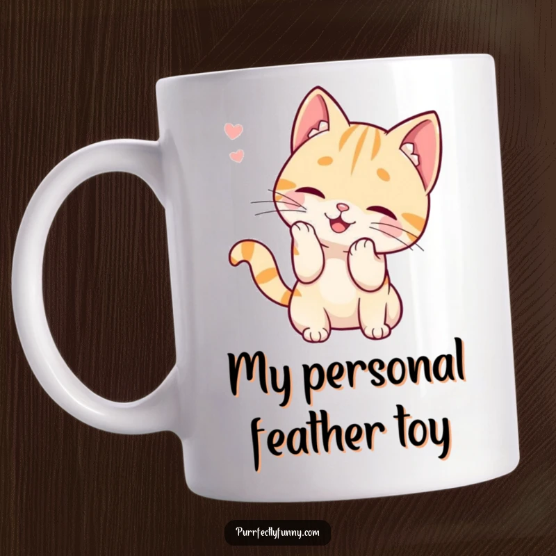 Funny mug showing a cute cat character playfully swatting at a single floating whisker, expressing pure, unadulterated feline amusement.