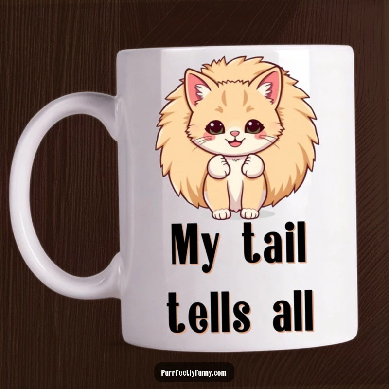 Funny mug showing a cat with a comically large, happy smile peeking out from behind its enormous, fluffy tail.