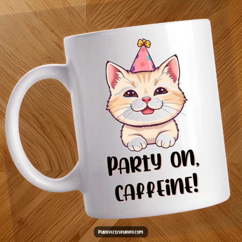 Funny mug featuring a cat wearing a tilted party hat with a huge comical grin, radiating pure festive fun, a great gift.