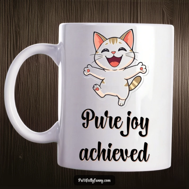 Funny cat leaping with pure joy and a huge grin, conveying excitement and happiness on this delightful mug.