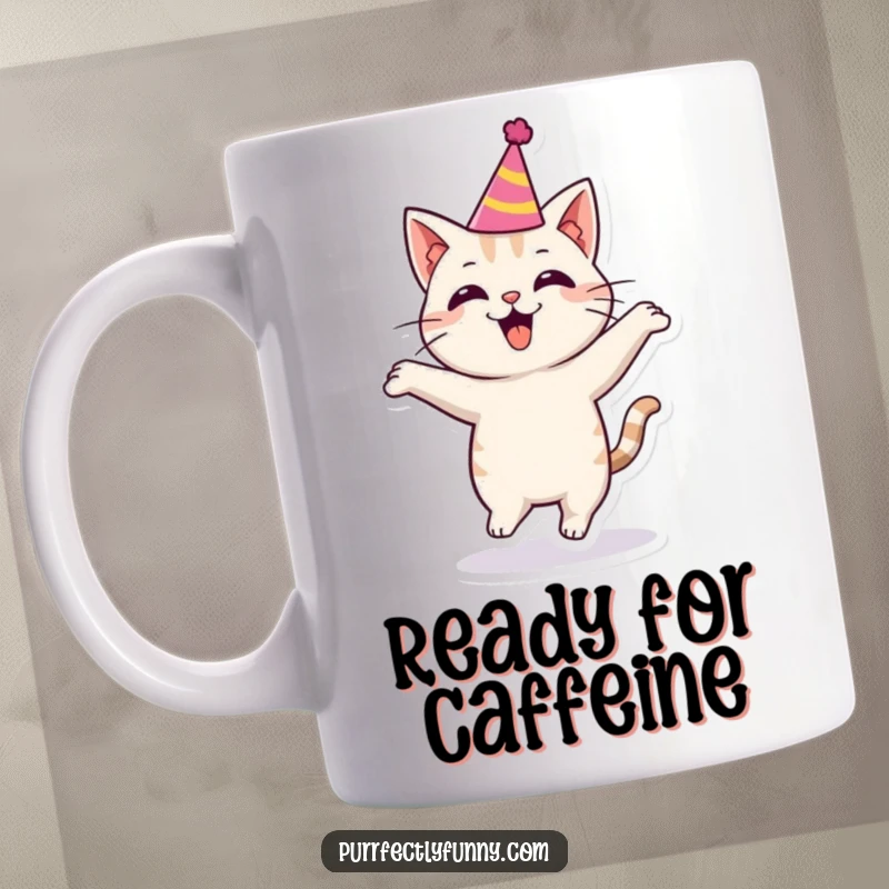 Funny cat wearing a tiny party hat, bouncing energetically with excitement and joy on this festive mug.