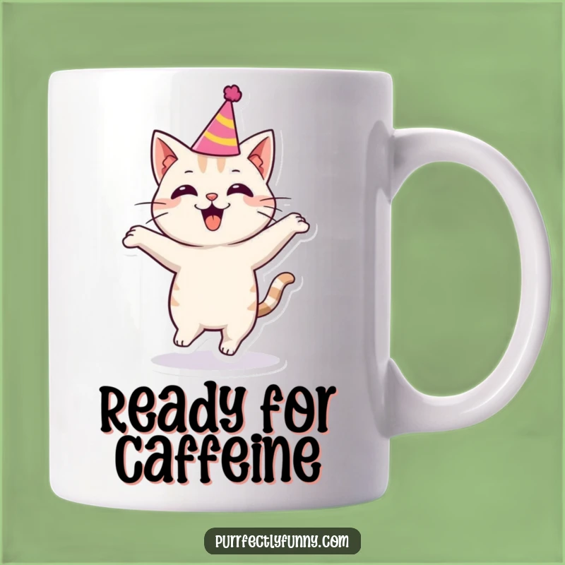 Funny Party Cat Mug - Excited Feline Celebration Gift for Happy Mornings