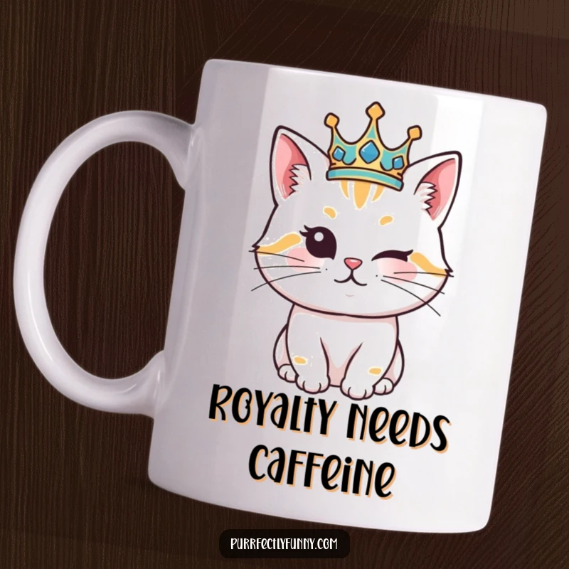 Funny Cat Mug: A cat wearing a golden crown, tipping it with a mischievous wink, looking quite regal.