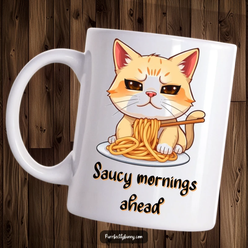 Funny cat with a goofy, messy expression trying to eat spaghetti, pasta flying everywhere, ideal funny mug gift.