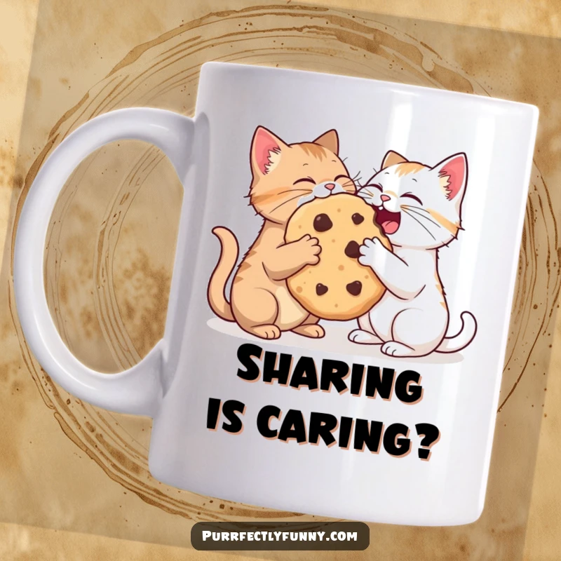 Funny ceramic mug showing two cats playfully sharing a comically oversized cookie, a heartwarming and humorous scene.