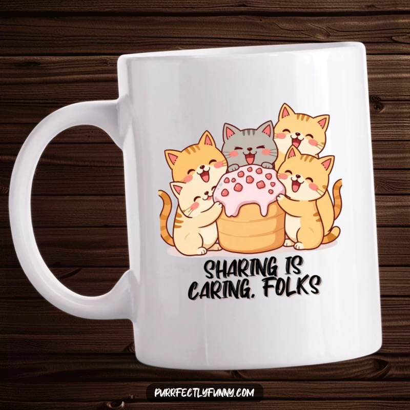 Funny mug with simplified cats joyfully sharing a huge treat, conveying friendship and happiness.