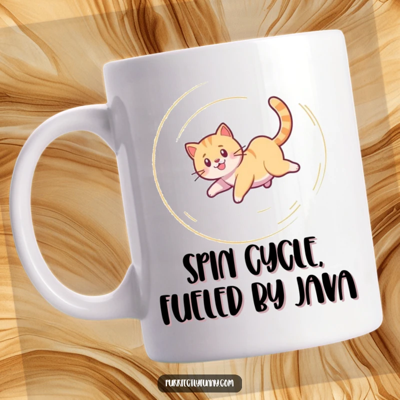 Funny Cat Mug: A cat spinning in a happy, dizzy spiral chasing its own tail, looking utterly delighted.