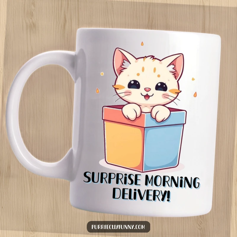 Funny cat character bursting playfully out of a brightly colored gift box, featured on a mug.