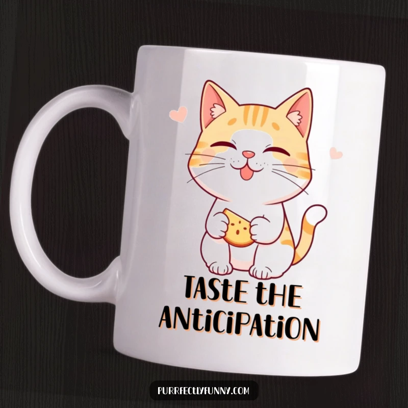 Funny cat mug: a cat character playfully smacking its lips with eyes wide, anticipating a delicious snack with great eagerness.