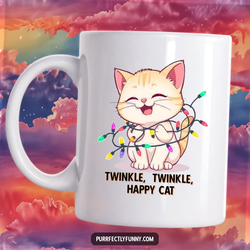 Funny mug depicting a delighted cat happily tangled in a string of vibrant, colorful holiday lights, radiating pure festive joy.