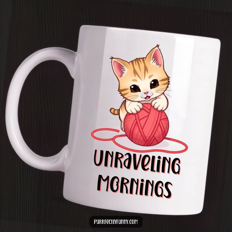 Funny mug illustration of a cat playfully pouncing with all fours on a bright red rolling yarn ball, capturing energetic feline fun.