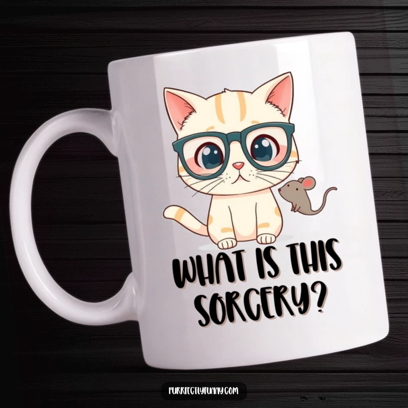 Funny Mug shows a cat wearing oversized glasses, looking utterly surprised at a small, floating toy mouse, a humorous scene.