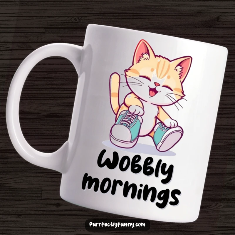 Funny cat wearing comically oversized shoes, tripping playfully, looking surprised and clumsy, ideal funny mug gift.