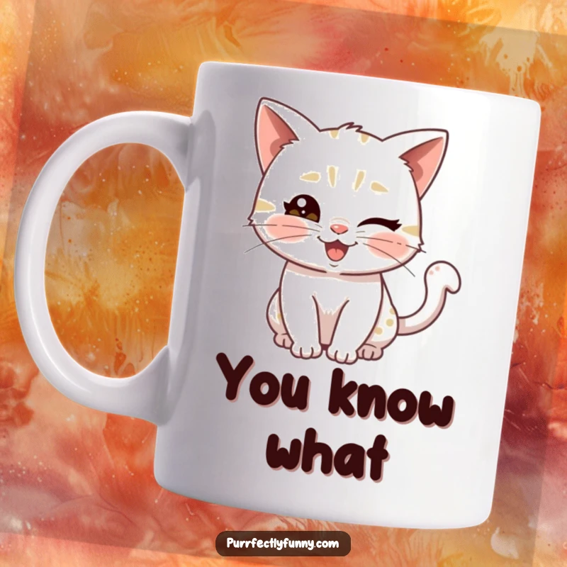 Funny mug with a playful cat giving a knowing wink and a wiggly tail, conveying a sense of secret fun and charm.