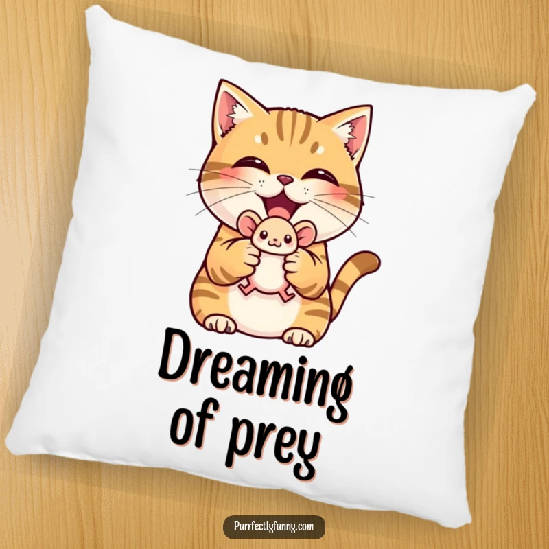 Funny pillow with a triumphant cat holding a toy mouse, soft and humorous.