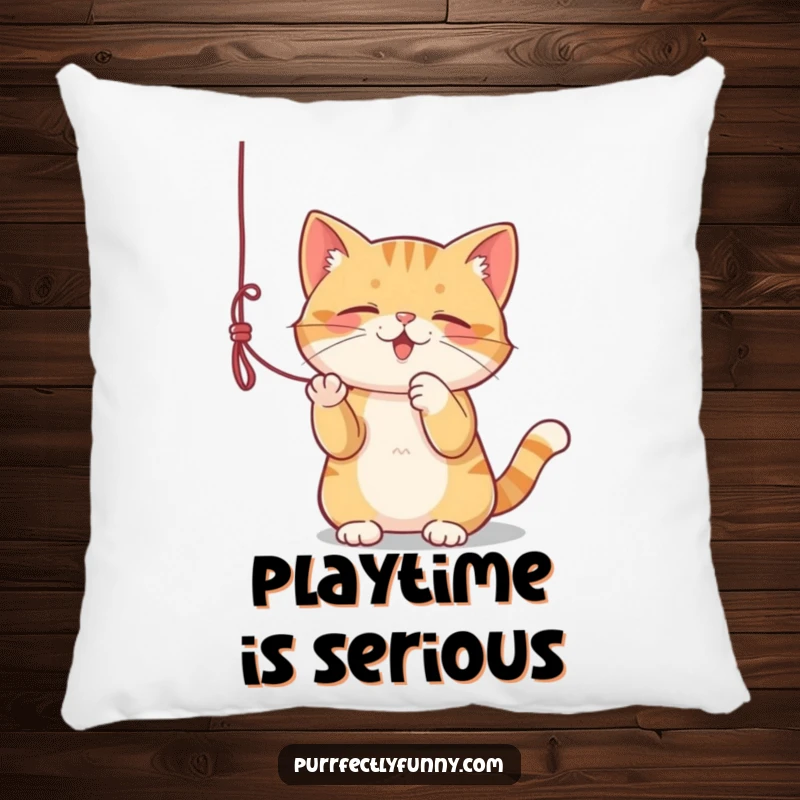 Funny pillow showing a cat engrossed in playing with a dangling string, soft and humorous.