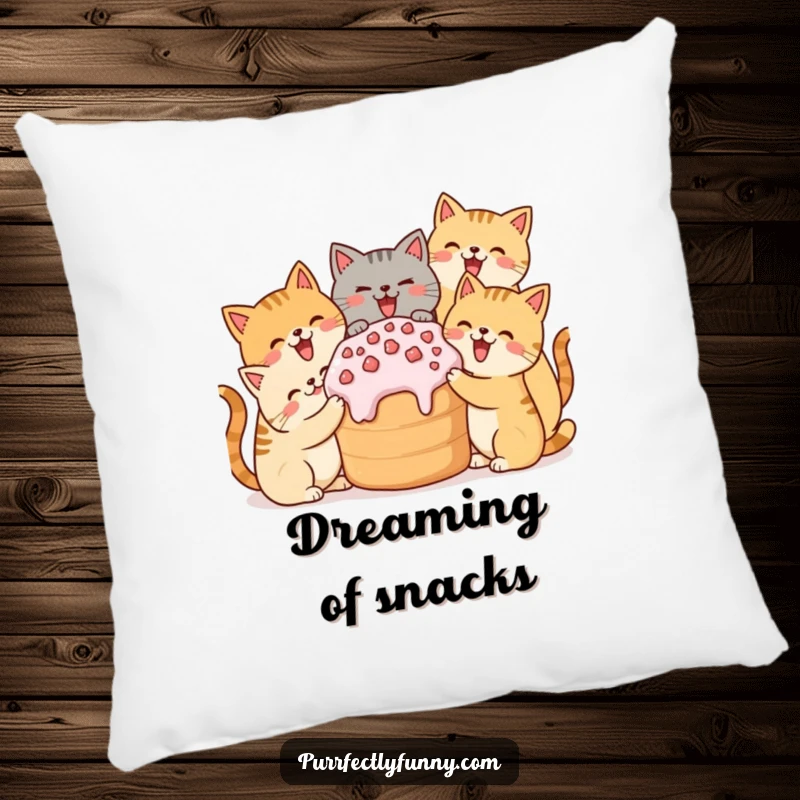 Funny pillow with simplified cats gathered around a huge treat, bringing comfort and humor.