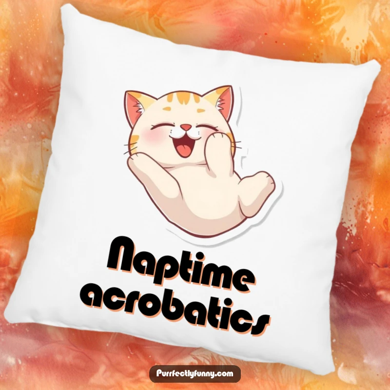 Funny pillow with a cat tumbling head over heels with pure delight, soft and humorous.