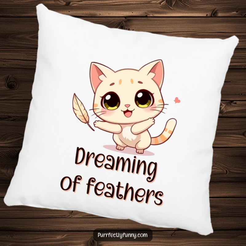 Funny cat with big, round eyes joyfully chasing a feather, printed on a soft and inviting pillow.