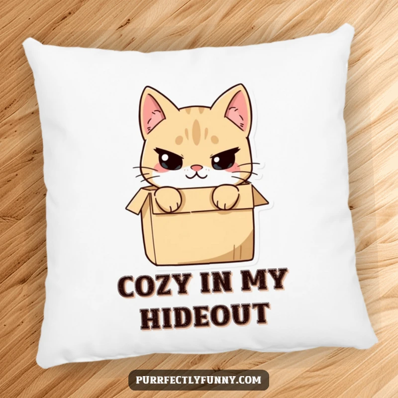 Funny cat peeking from a box with a mischievous smirk, featured on a soft pillow, perfect for adding playful comfort.