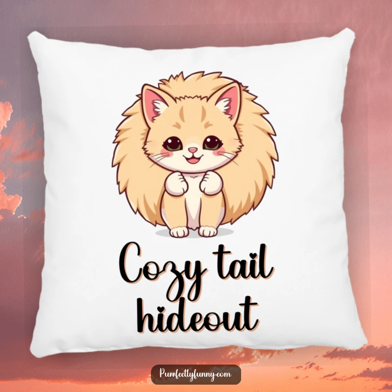 Funny pillow featuring a cat with a comically large smile peeking out from behind its giant, fluffy tail, offering cozy humor.