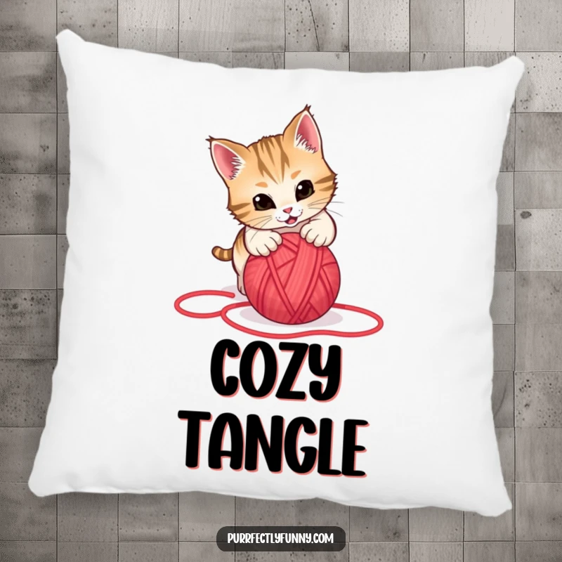 Funny pillow design showing a cat energetically pouncing on a rolling red yarn ball, perfect for adding a touch of playful humor.